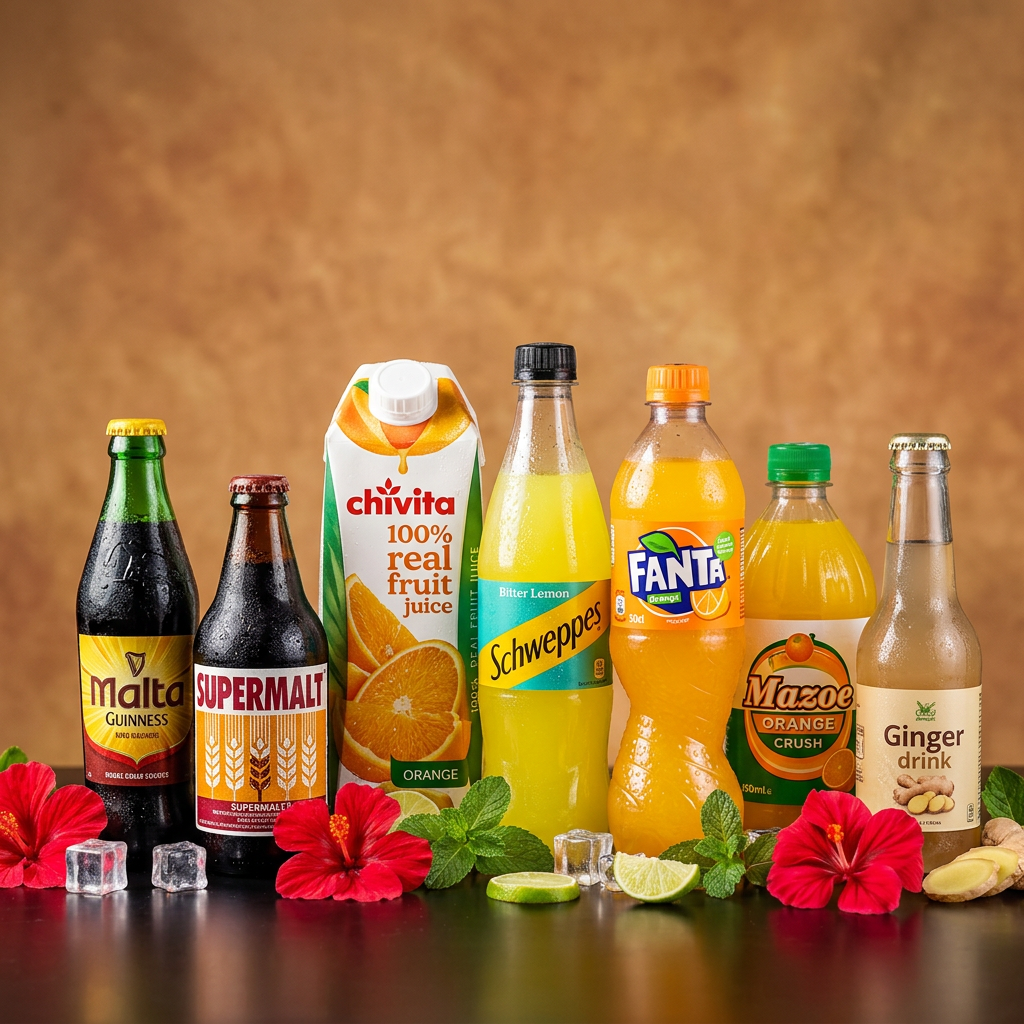 Drinks: Zobo, malt, ginger & juices