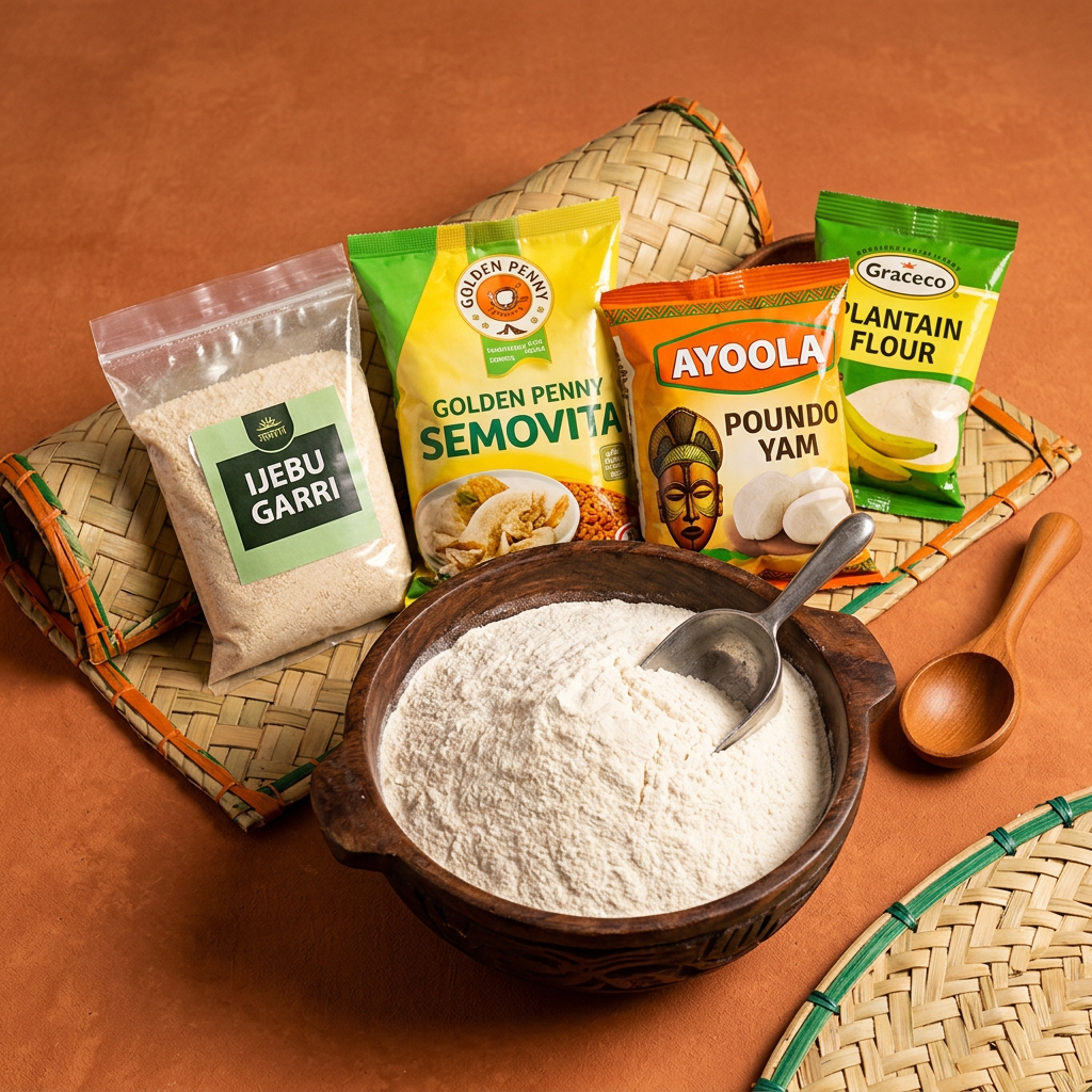Flours & Swallow: Yam flour, garri, semolina
