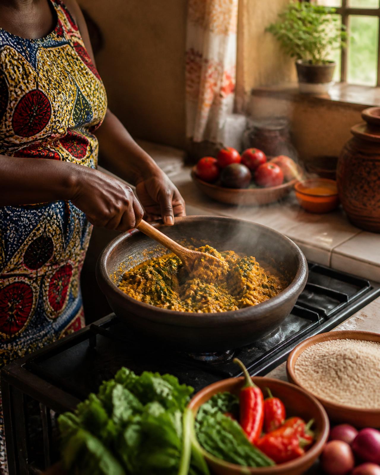 Home cook stirring a pot of egusi soup in a sunlit kitchen