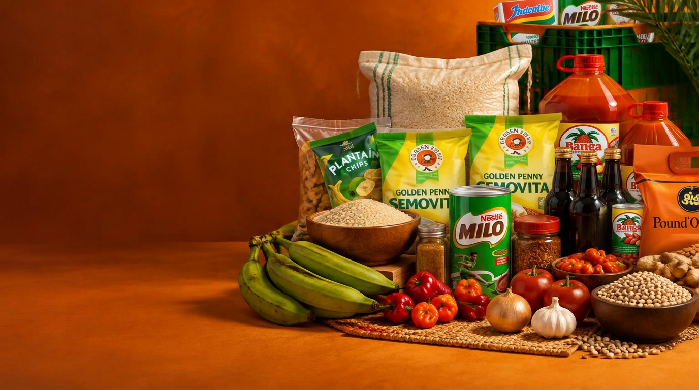 Rice, flour, drinks and packaged African groceries on a Lagos Market display