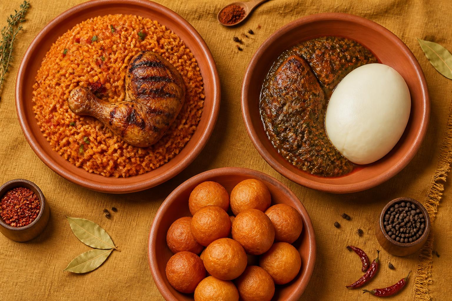Jollof rice, pounded yam with soup and puff puff on terracotta plates
